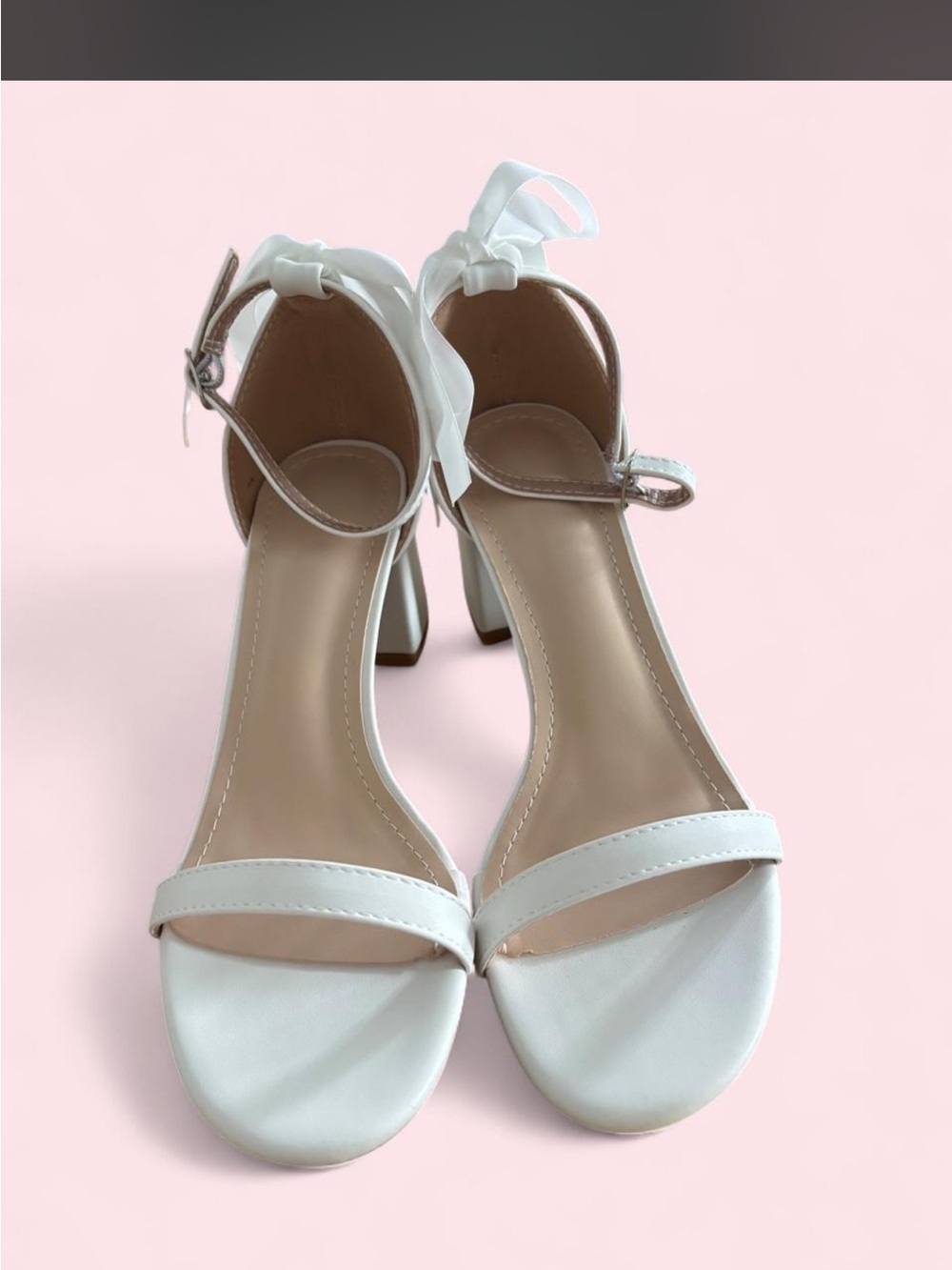 SHEIN White Ankle-Strap Block Heel Sandals with Bow Detail